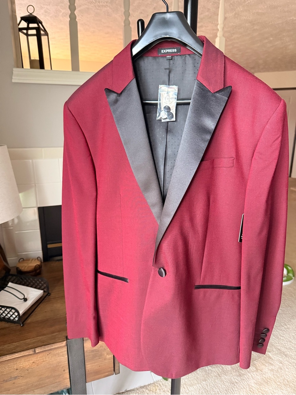 Express Men's Burgundy Blazer with Black Satin Lapels